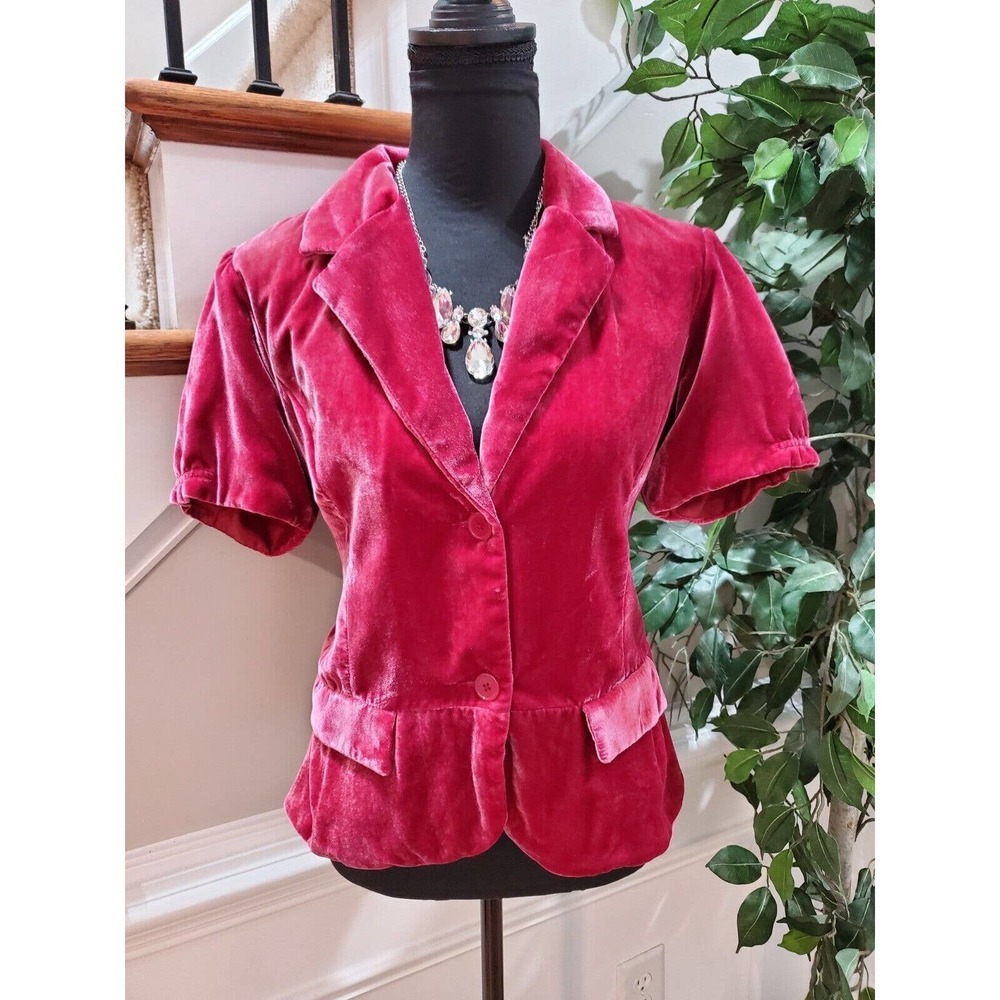 Old Navy Women Solid Red Viscose Short Sleeve Buttons Front Casual Jacket Size L